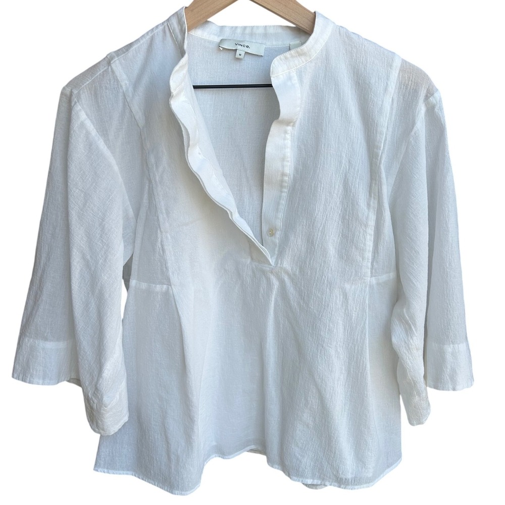 Vince White Cotton V Neck Crop Flowy Blouson Top‎ Oversized Sleeve Size M